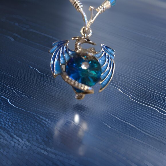 handmade by Cyndi Jewelry - Blue Dragon w Blue and Silver beaded Necklace  20 inches